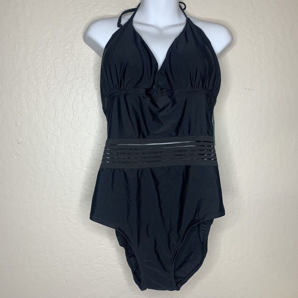 Sea & Sand Beachwear Black One Piece Halter Top Swimsuit